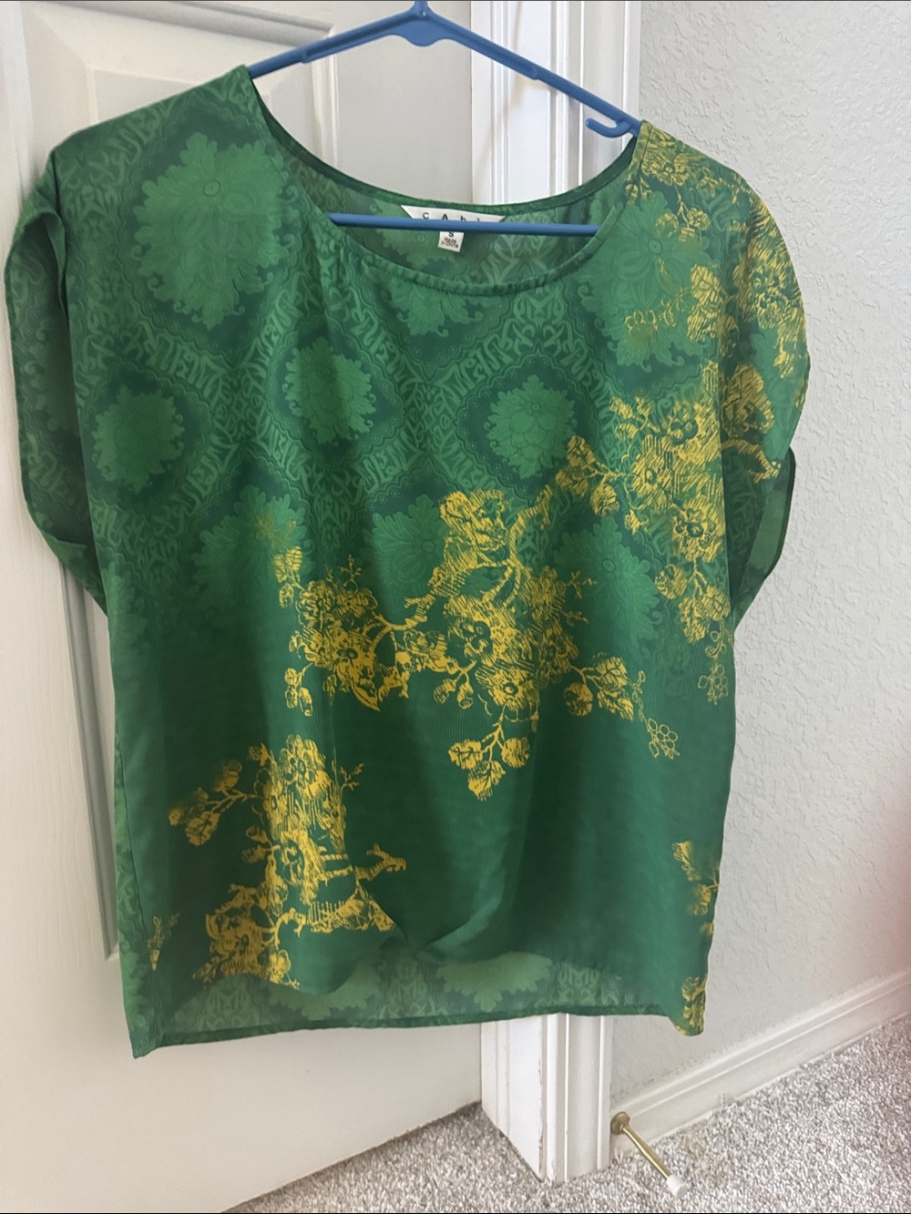 CAbi Green Satin Blouse with Gold Floral Accents